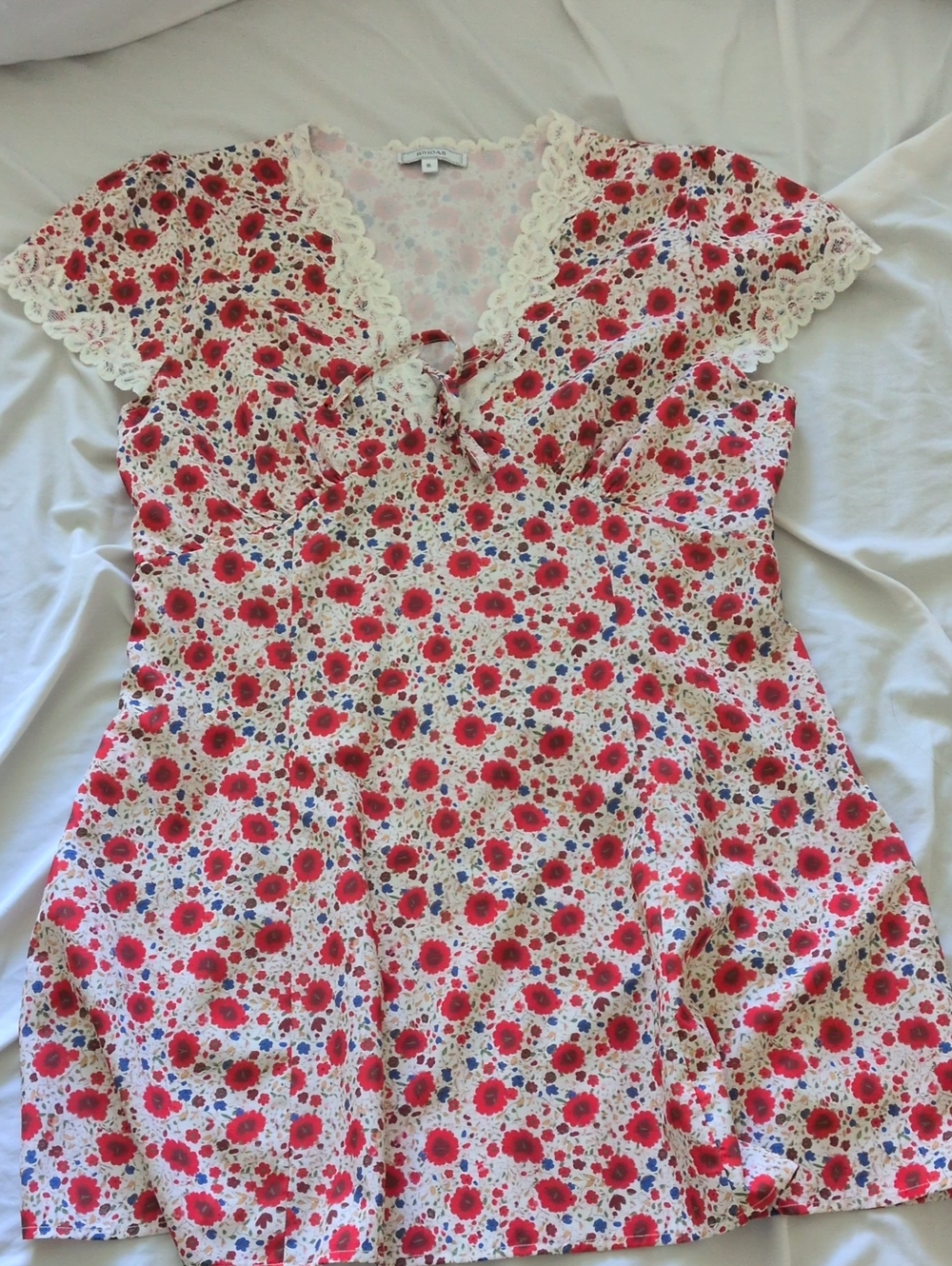 Mini Red Floral Dress With Lace Trimmed Sleeve Caps